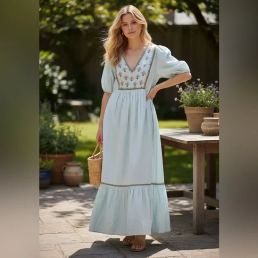 Ex Voto Hayes Maxi Dress SMALL Embroidered in Whispering Blue NEW NWT